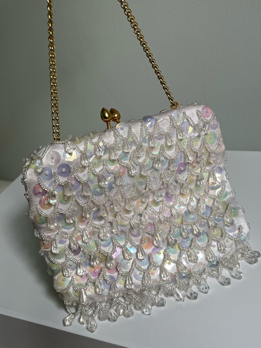 Vintage Mermaidcore Iridescent Sequin Beaded Evening Bag Gold Chain Coin Purse